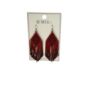 MYRA Red Beaded Fringe Dangle Handcrafted Leaf Earrings Bohemian Style